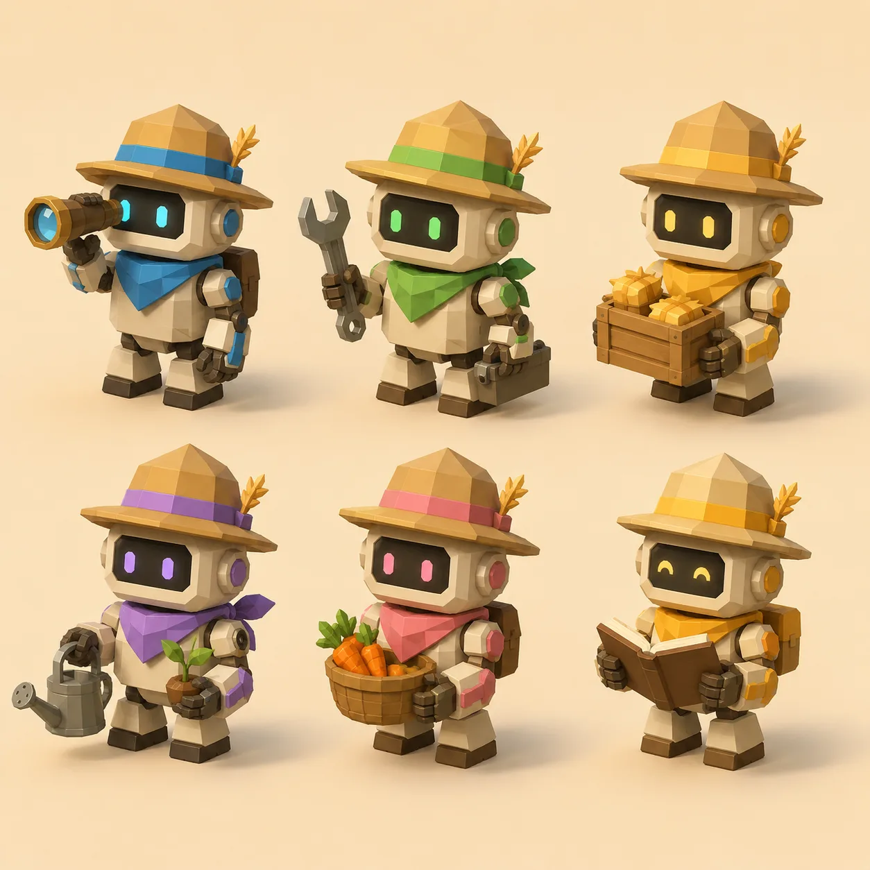 A cast of low-poly robot-rancher agents with role props