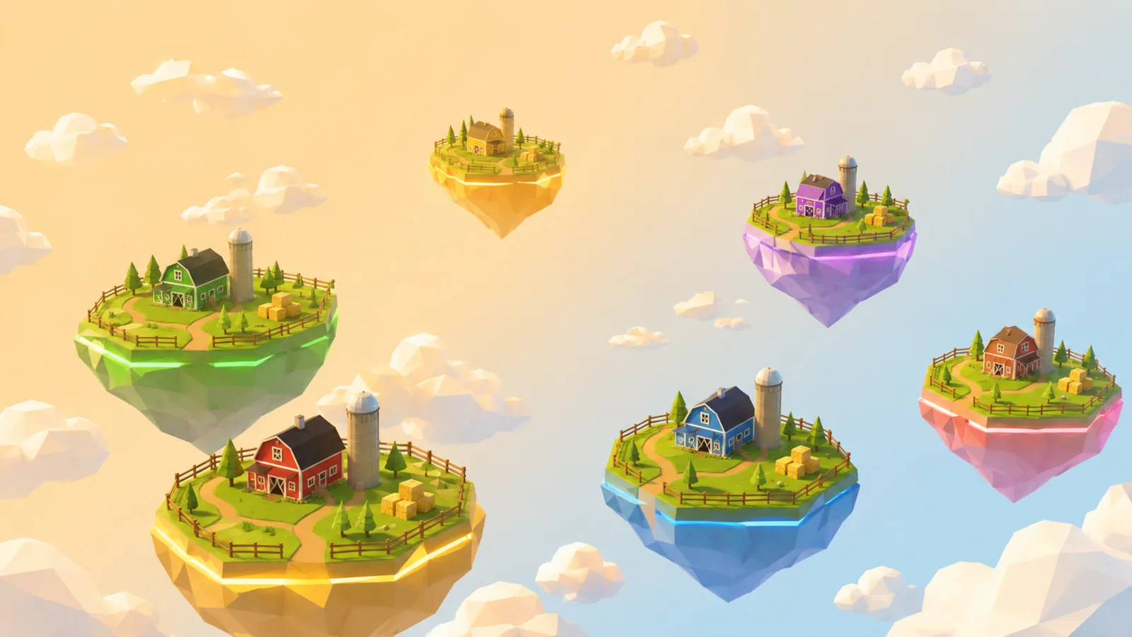 Floating low-poly ranch islands, one per project